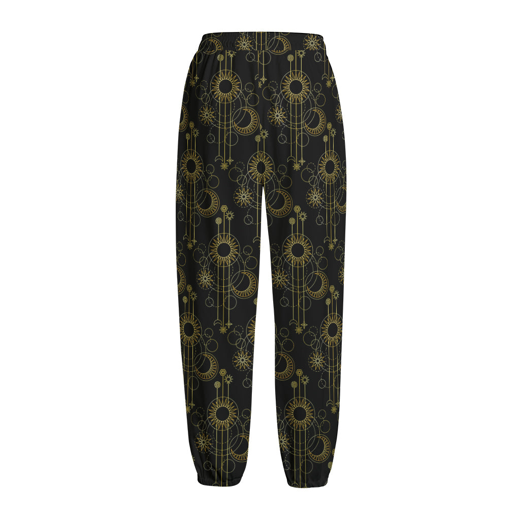Gold Sun And Moon Pattern Print Fleece Lined Knit Pants
