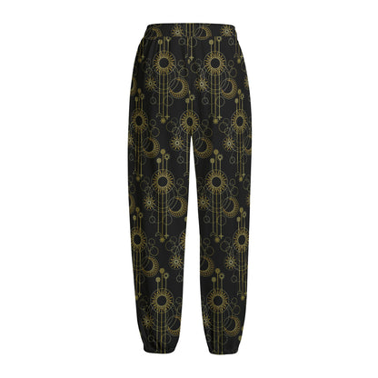 Gold Sun And Moon Pattern Print Fleece Lined Knit Pants