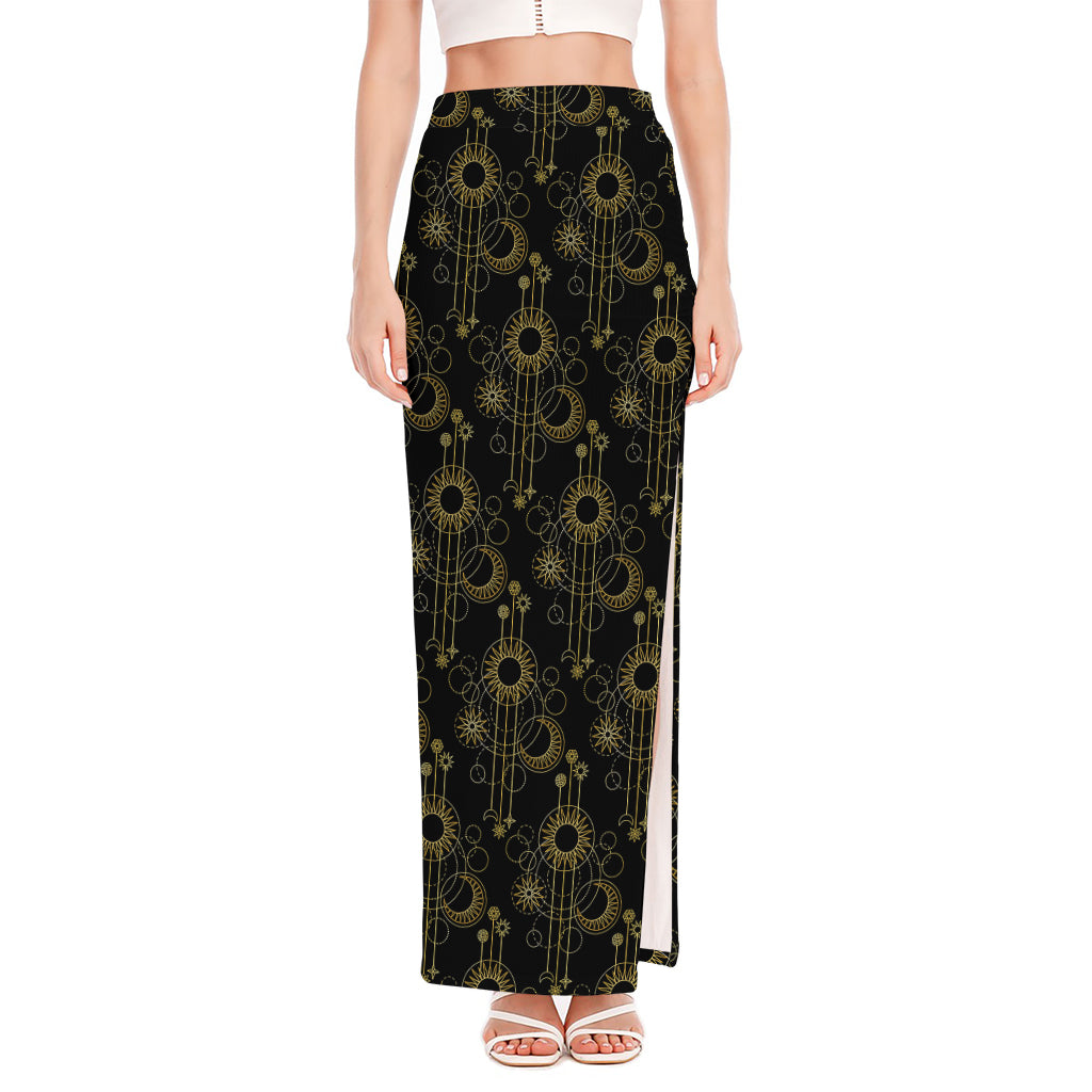 Gold Sun And Moon Pattern Print High Slit Maxi Skirt