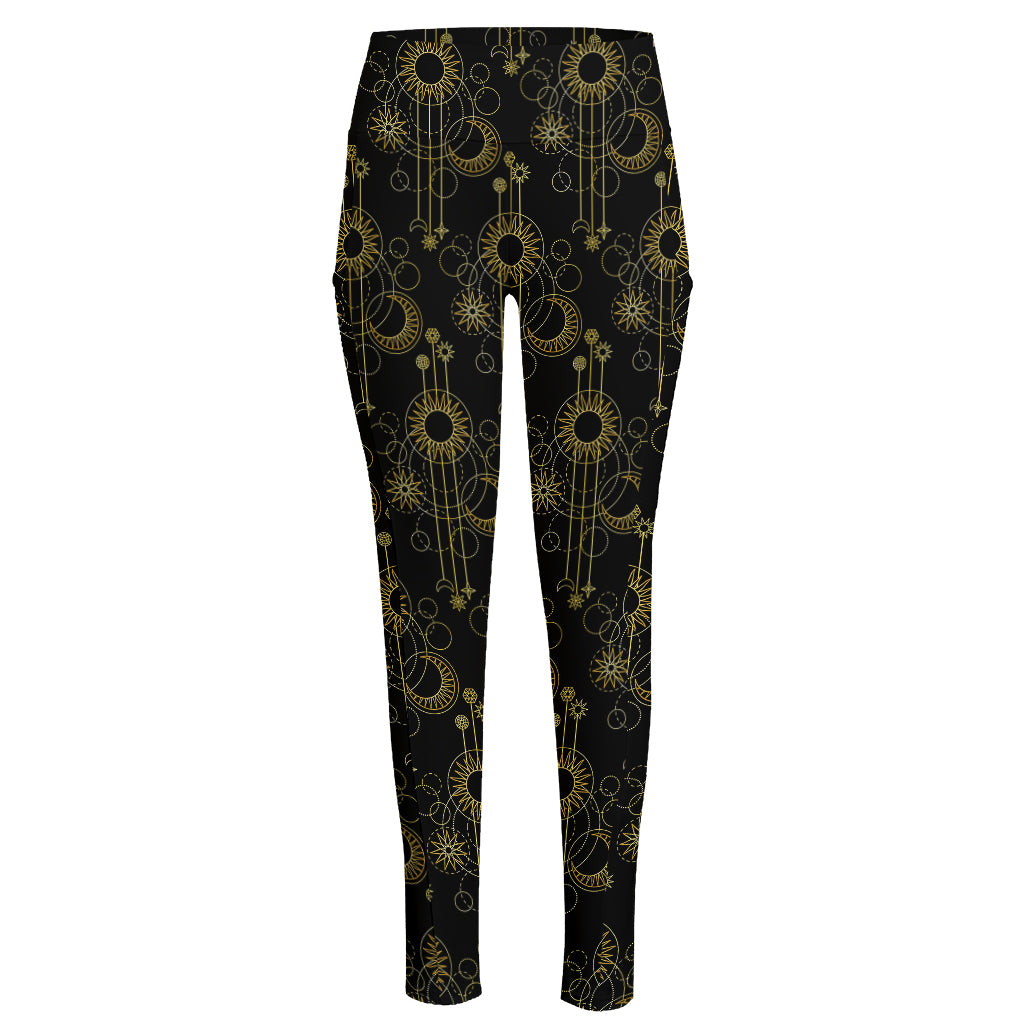Gold Sun And Moon Pattern Print High-Waisted Pocket Leggings