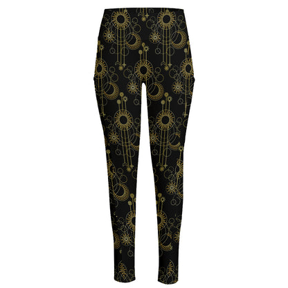 Gold Sun And Moon Pattern Print High-Waisted Pocket Leggings