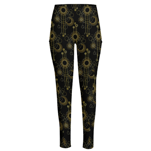 Gold Sun And Moon Pattern Print High-Waisted Pocket Leggings