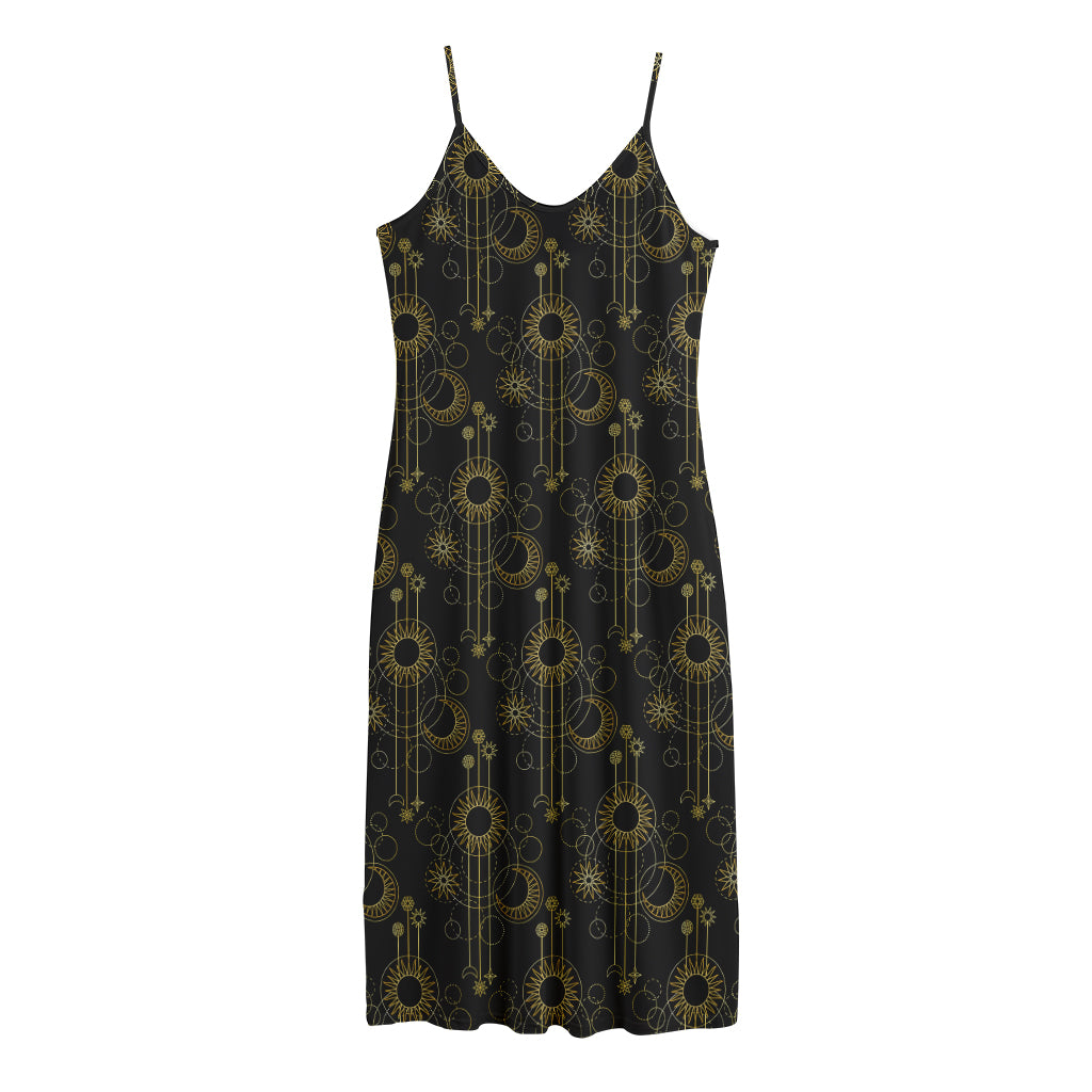 Gold Sun And Moon Pattern Print Jersey Midi Cami Dress