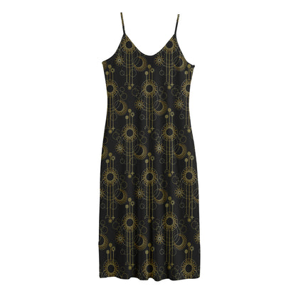 Gold Sun And Moon Pattern Print Jersey Midi Cami Dress