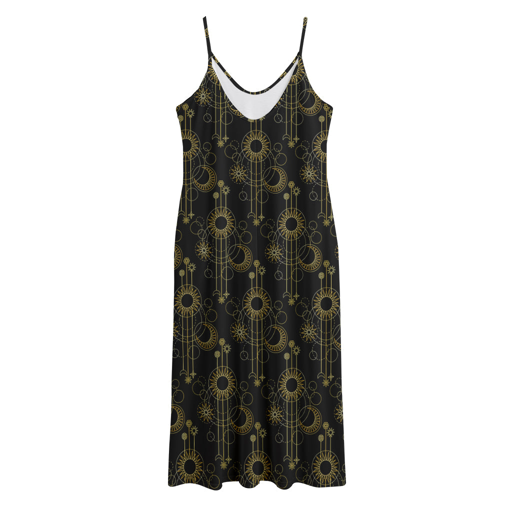 Gold Sun And Moon Pattern Print Jersey Midi Cami Dress