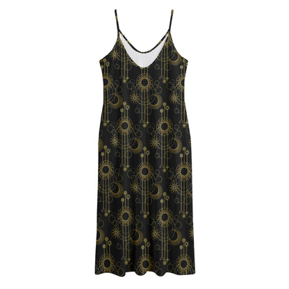 Gold Sun And Moon Pattern Print Jersey Midi Cami Dress