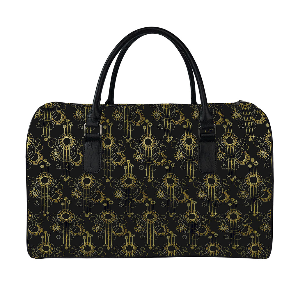 Gold Sun And Moon Pattern Print Leather Duffle Bag