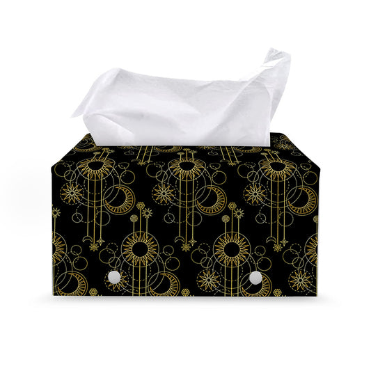 Gold Sun And Moon Pattern Print Leather Tissue Box Cover