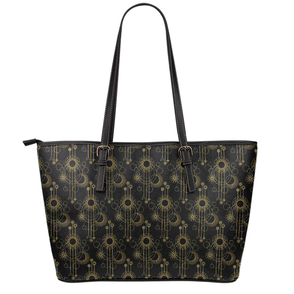 Gold Sun And Moon Pattern Print Leather Tote Bag