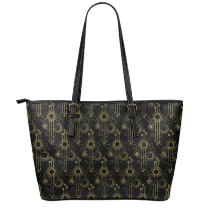 Gold Sun And Moon Pattern Print Leather Tote Bag