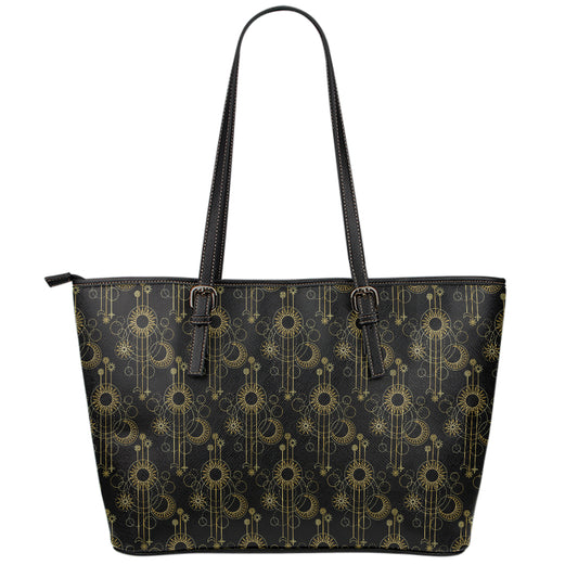 Gold Sun And Moon Pattern Print Leather Tote Bag