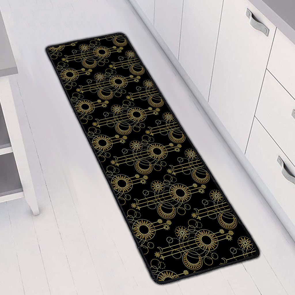 Gold Sun And Moon Pattern Print Long Kitchen Mat