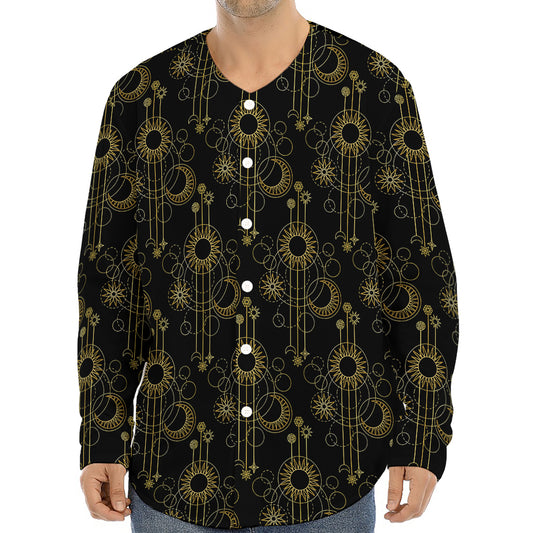 Gold Sun And Moon Pattern Print Long Sleeve Baseball Jersey