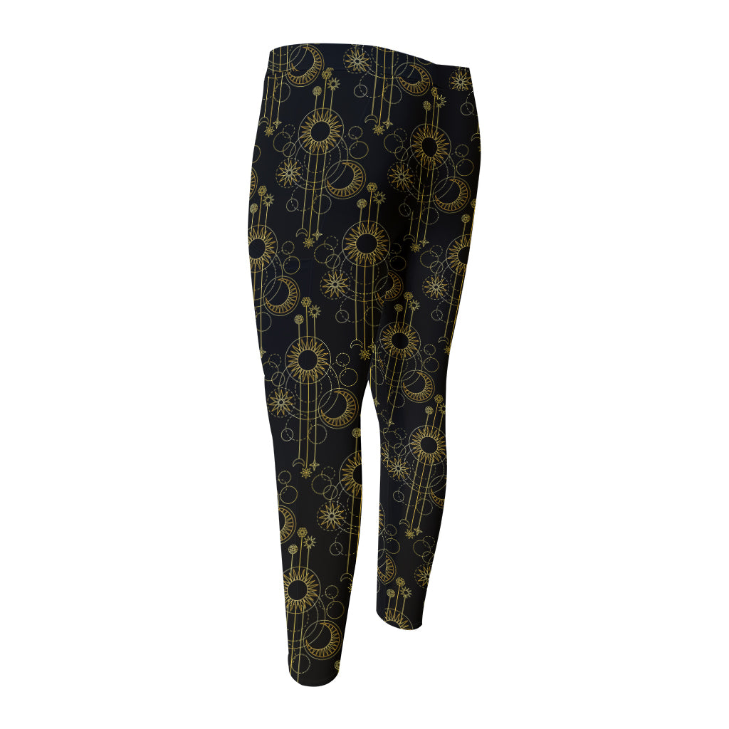 Gold Sun And Moon Pattern Print Men's Compression Pants