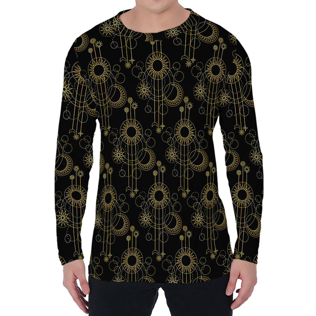Gold Sun And Moon Pattern Print Men's Long Sleeve T-Shirt
