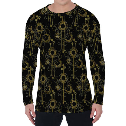 Gold Sun And Moon Pattern Print Men's Long Sleeve T-Shirt