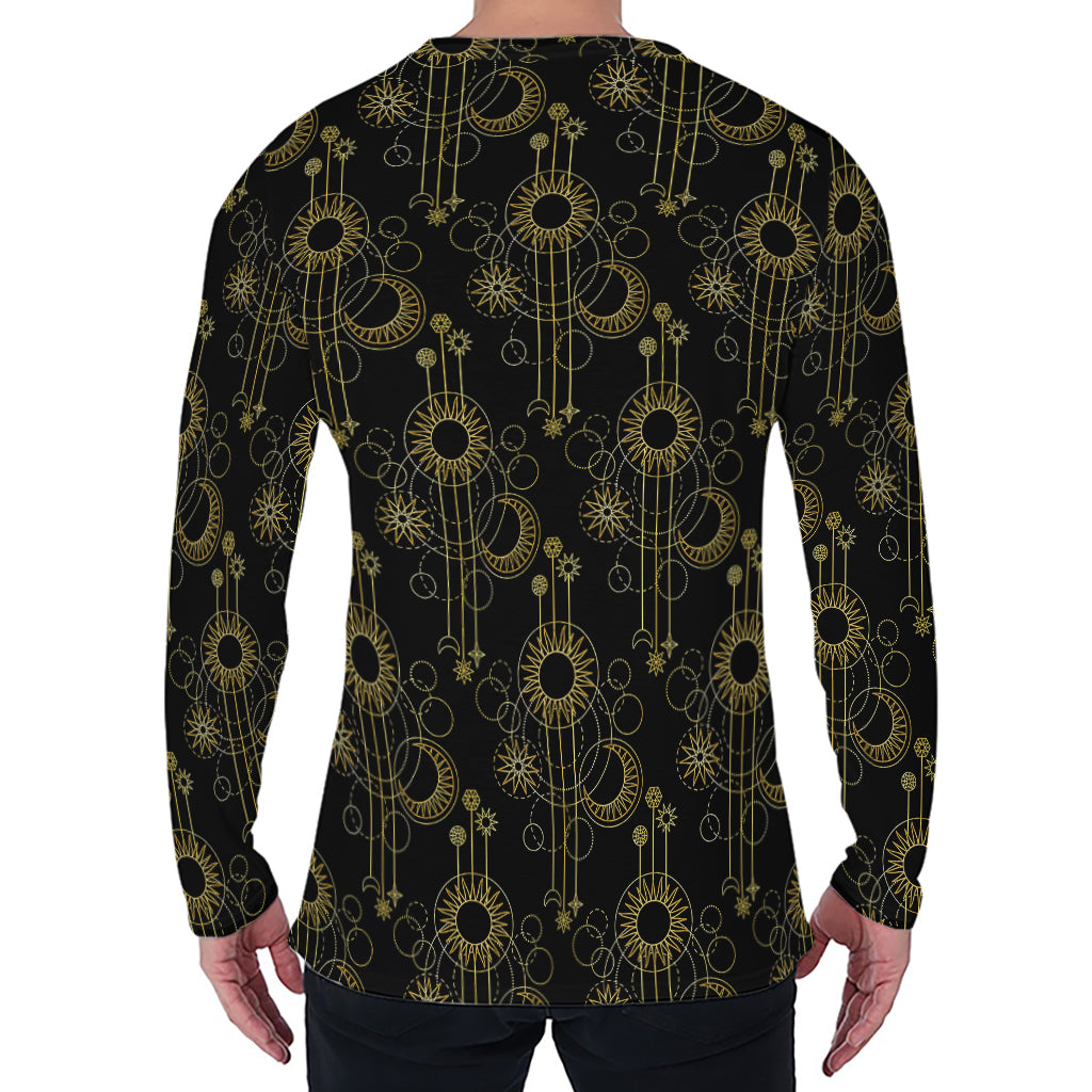 Gold Sun And Moon Pattern Print Men's Long Sleeve T-Shirt