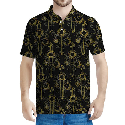 Gold Sun And Moon Pattern Print Men's Polo Shirt