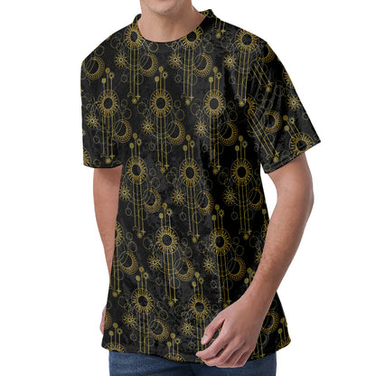 Gold Sun And Moon Pattern Print Men's Velvet T-Shirt