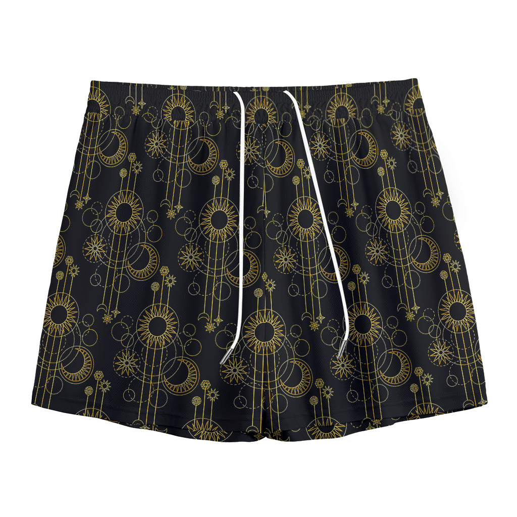 Gold Sun And Moon Pattern Print Mesh Shorts