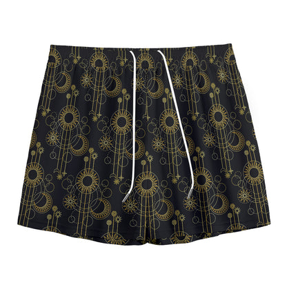 Gold Sun And Moon Pattern Print Mesh Shorts