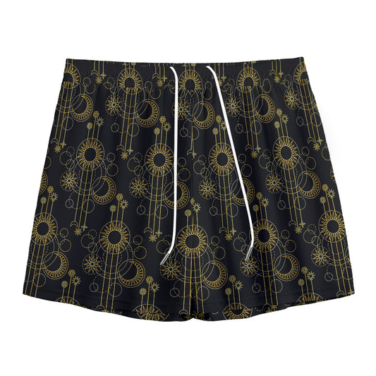 Gold Sun And Moon Pattern Print Mesh Shorts