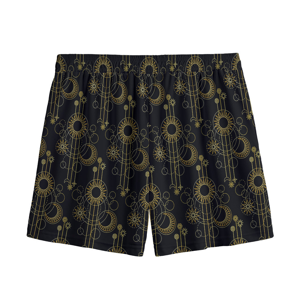 Gold Sun And Moon Pattern Print Mesh Shorts