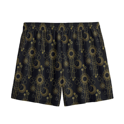 Gold Sun And Moon Pattern Print Mesh Shorts