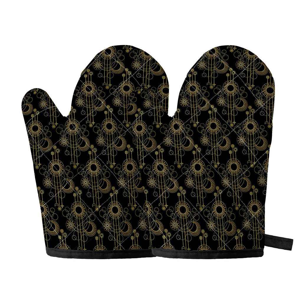 Gold Sun And Moon Pattern Print Oven Mitts