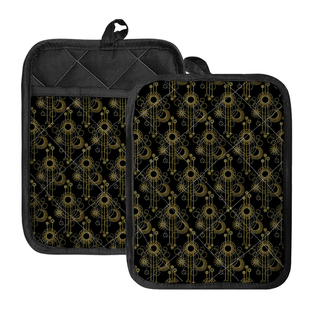 Gold Sun And Moon Pattern Print Pot Holders With Pocket
