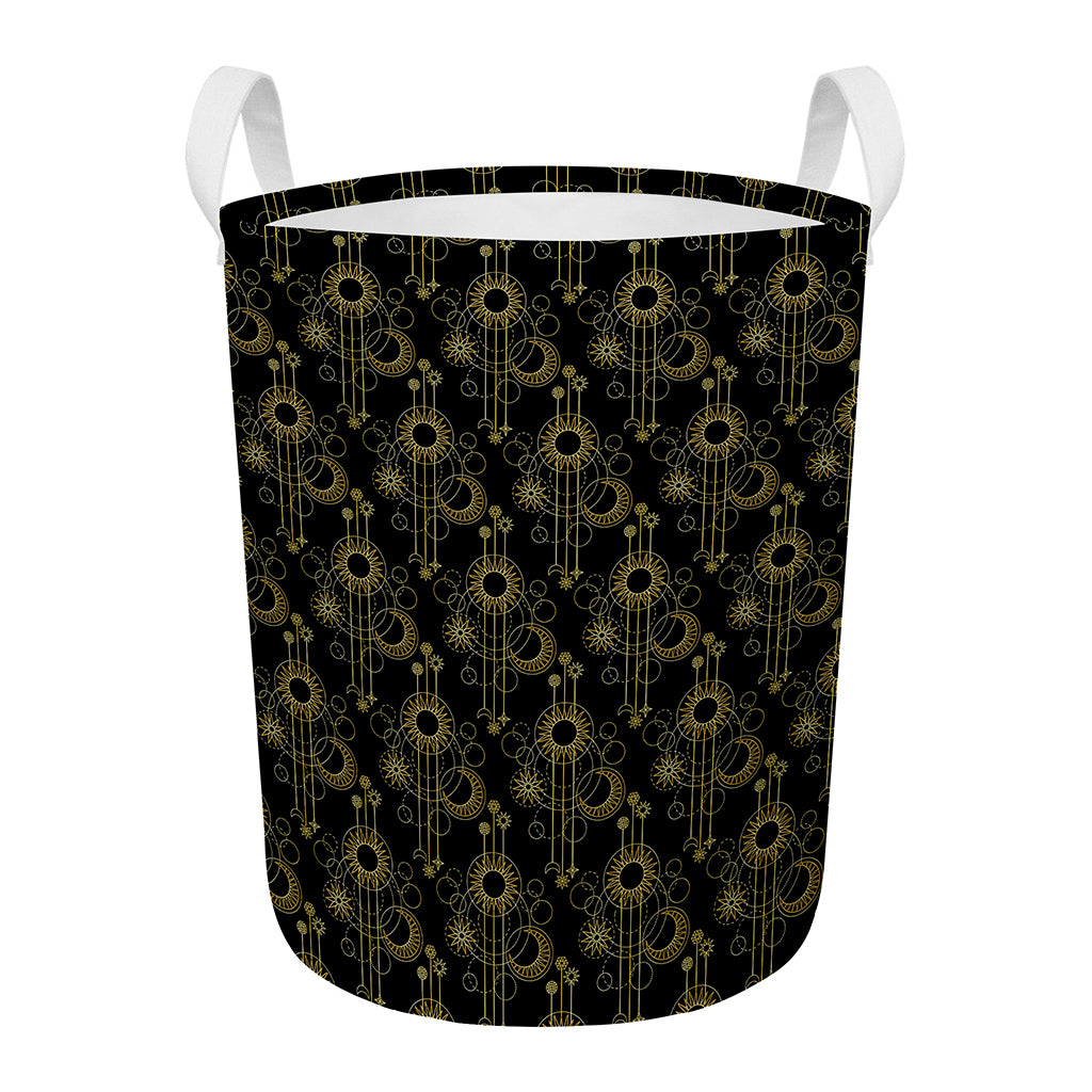 Gold Sun And Moon Pattern Print Round Laundry Basket
