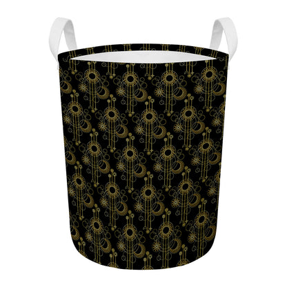 Gold Sun And Moon Pattern Print Round Laundry Basket