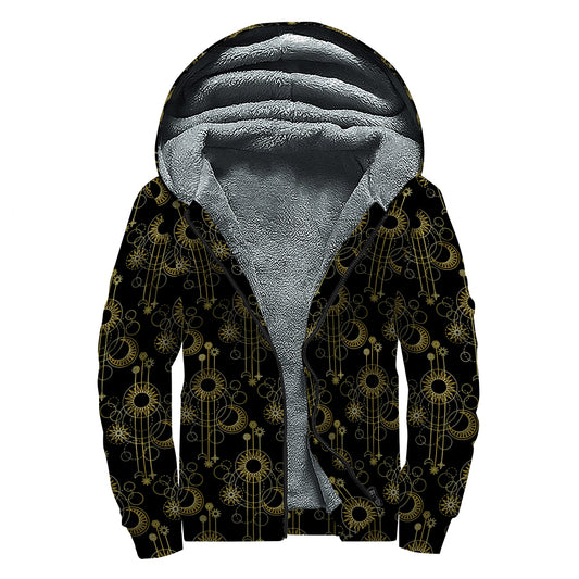 Gold Sun And Moon Pattern Print Sherpa Lined Zip Up Hoodie