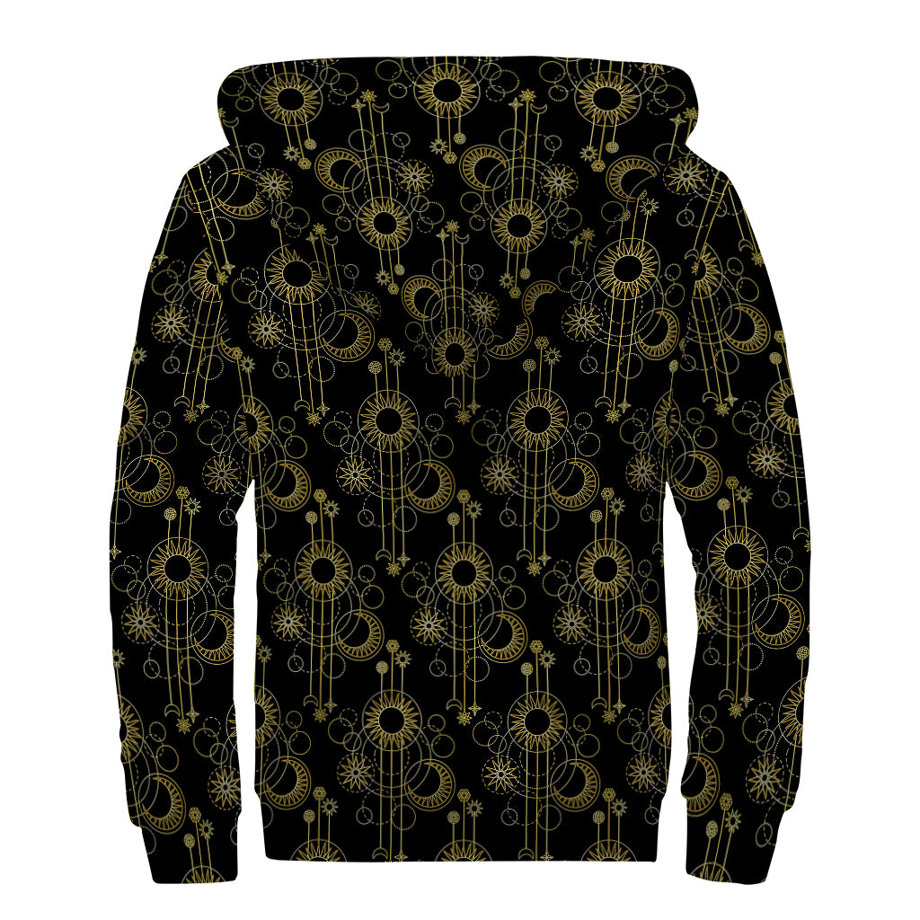 Gold Sun And Moon Pattern Print Sherpa Lined Zip Up Hoodie