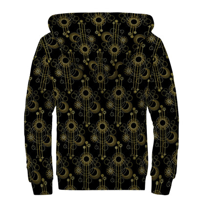 Gold Sun And Moon Pattern Print Sherpa Lined Zip Up Hoodie