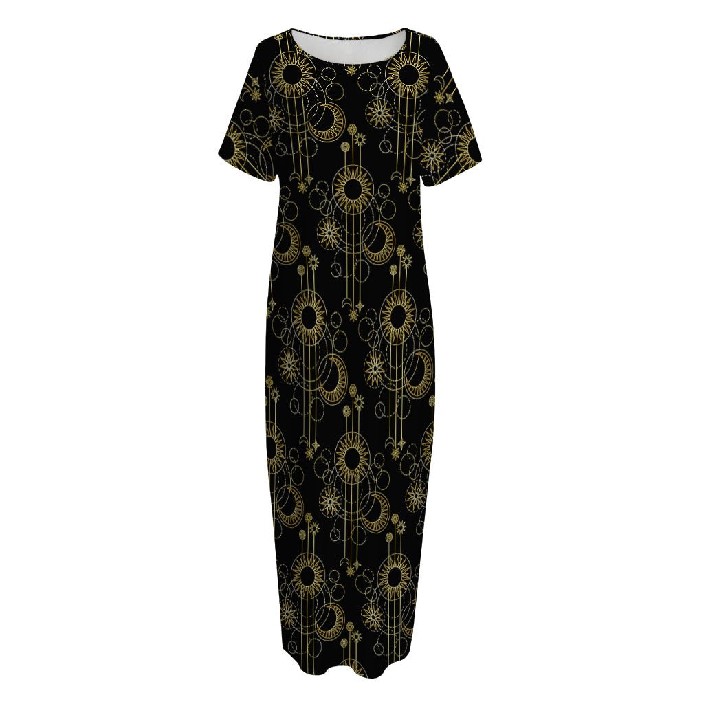 Gold Sun And Moon Pattern Print Short Sleeve Long Nightdress
