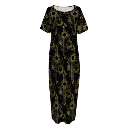 Gold Sun And Moon Pattern Print Short Sleeve Long Nightdress