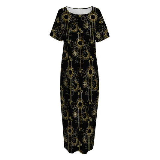 Gold Sun And Moon Pattern Print Short Sleeve Long Nightdress