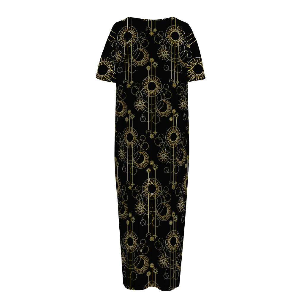 Gold Sun And Moon Pattern Print Short Sleeve Long Nightdress