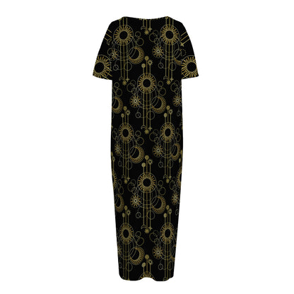Gold Sun And Moon Pattern Print Short Sleeve Long Nightdress