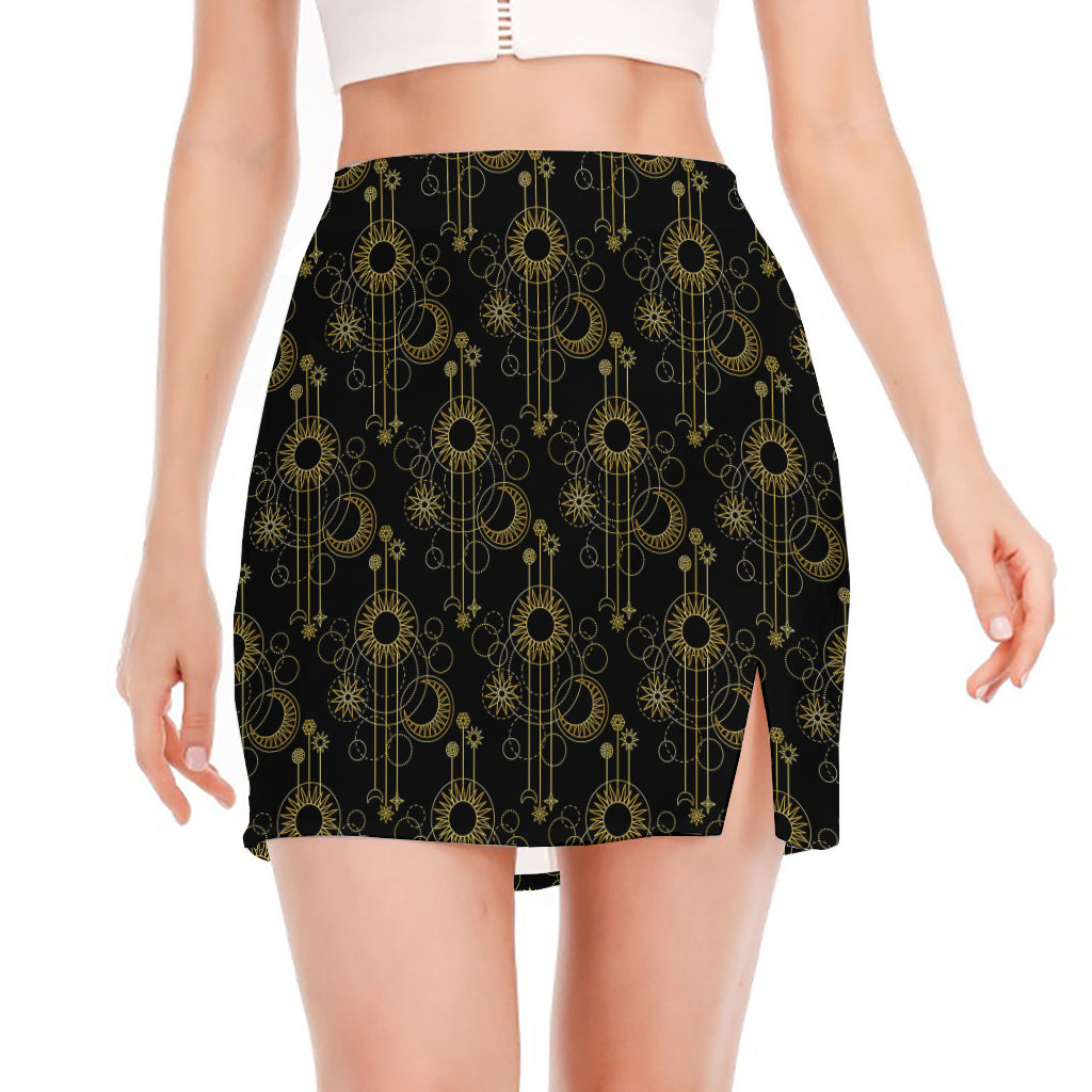 Gold Sun And Moon Pattern Print Side Slit Mini Skirt
