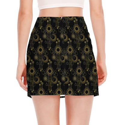 Gold Sun And Moon Pattern Print Side Slit Mini Skirt