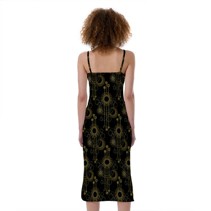 Gold Sun And Moon Pattern Print Slim Fit Midi Cami Dress