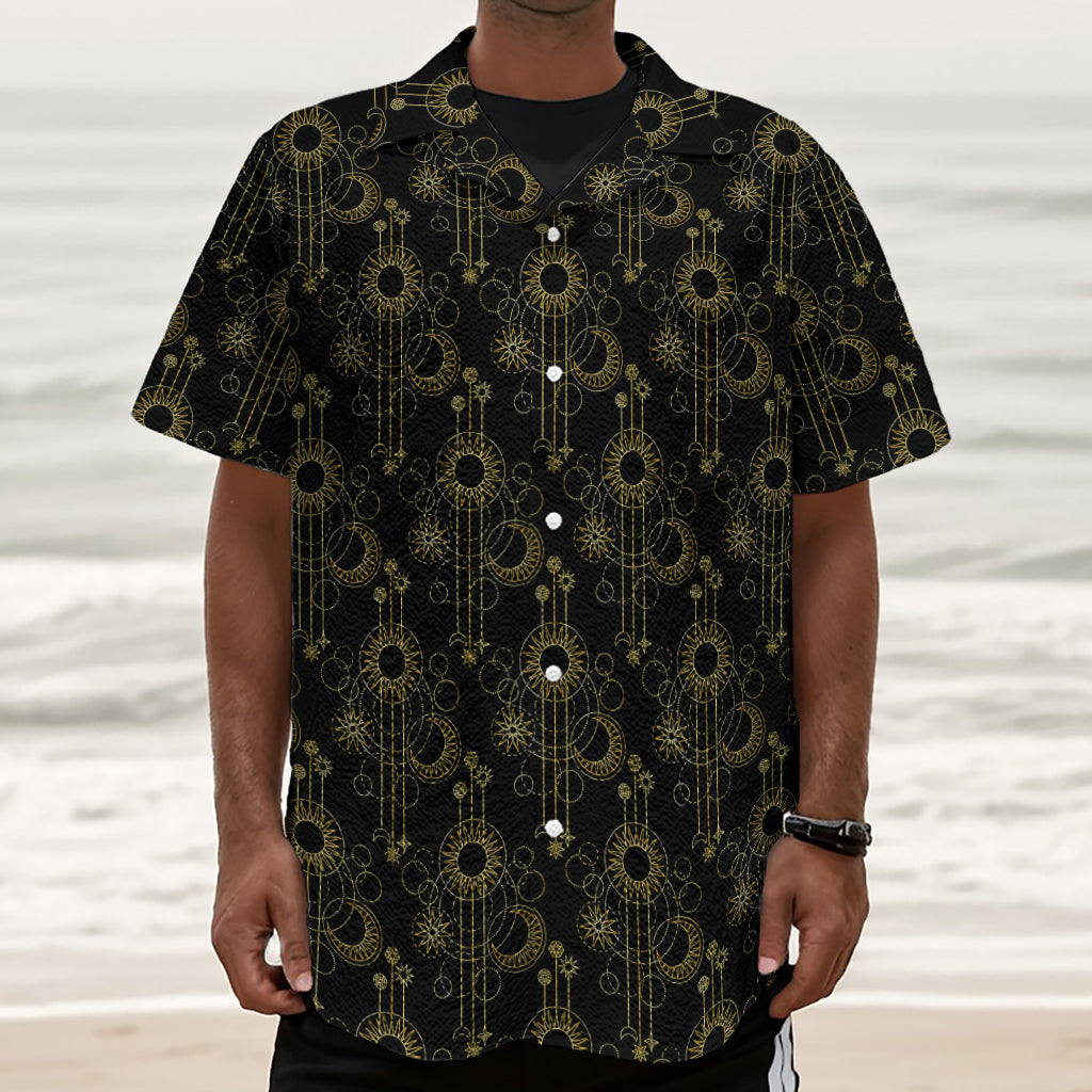 Gold Sun And Moon Pattern Print Textured Short Sleeve Shirt