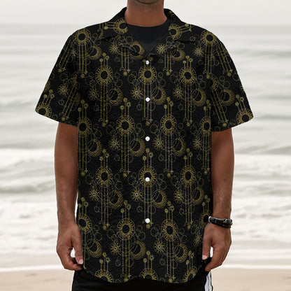 Gold Sun And Moon Pattern Print Textured Short Sleeve Shirt