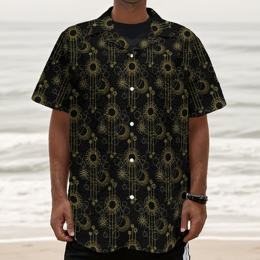 Gold Sun And Moon Pattern Print Textured Short Sleeve Shirt