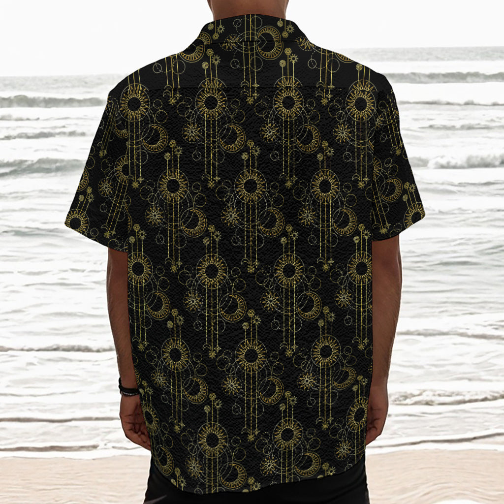 Gold Sun And Moon Pattern Print Textured Short Sleeve Shirt
