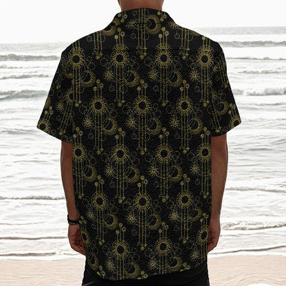 Gold Sun And Moon Pattern Print Textured Short Sleeve Shirt