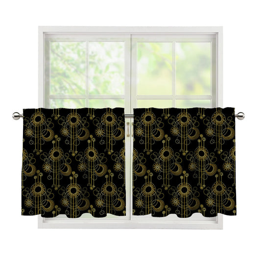 Gold Sun And Moon Pattern Print Tier Curtains