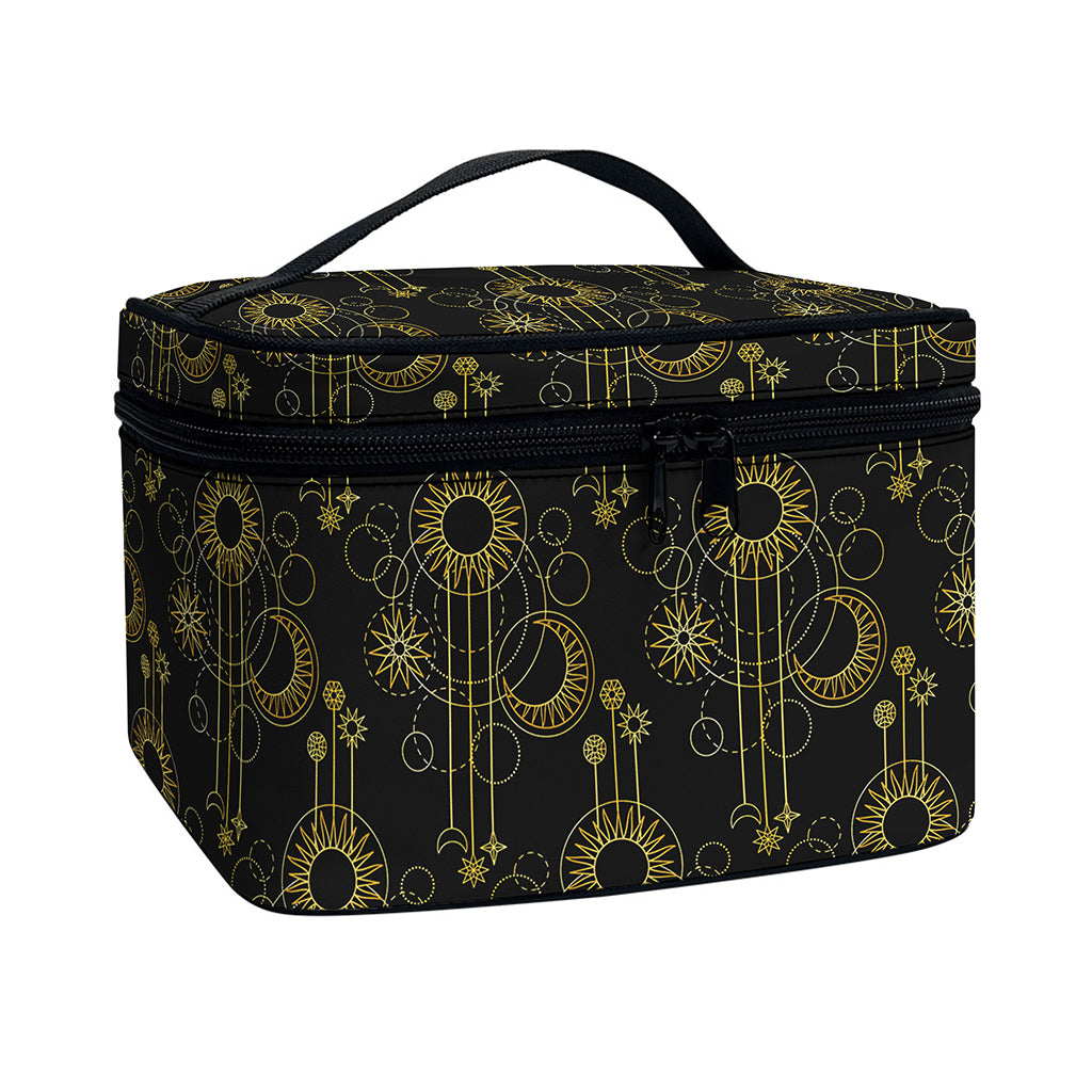 Gold Sun And Moon Pattern Print Travel Makeup Bag